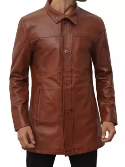 Mens Leather Brown Mid Length Trench Coat Buttoned