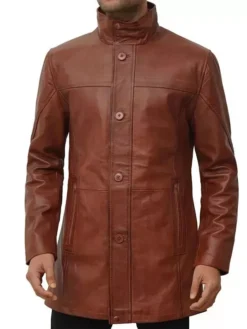 Mens Leather Brown Mid Length Trench Coat Collar