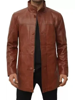Mens Leather Brown Mid Length Trench Coat Main