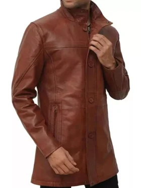 Mens Leather Brown Mid Length Trench Coat Side