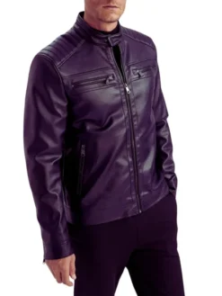 Mens Purple Biker Leather Jacket Stand