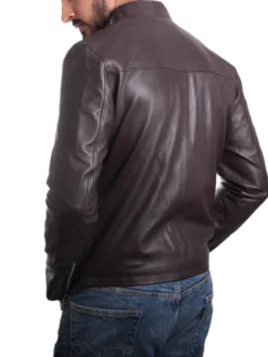 Mens Snap Tab Brown Cafe Racer Leather Jacket Back