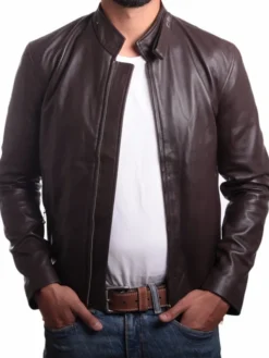 Mens Snap Tab Brown Cafe Racer Leather Jacket Closure