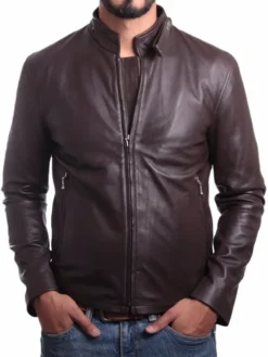 Mens Snap Tab Brown Cafe Racer Leather Jacket Main