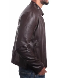 Mens Snap Tab Brown Cafe Racer Leather Jacket Side
