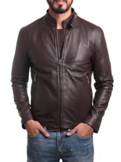 Mens Snap Tab Brown Cafe Racer Leather Jacket Stand Up