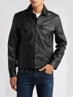Mens Stylish Black Trucker Leather Jacket Buttoned