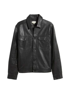 Mens Stylish Black Trucker Leather Jacket Front