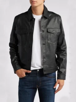 Mens Stylish Black Trucker Leather Jacket Main