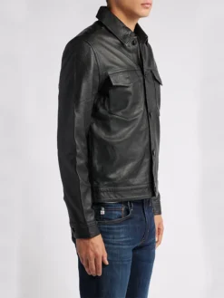 Mens Stylish Black Trucker Leather Jacket Side
