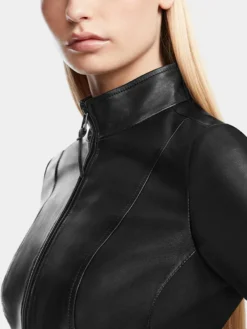 Natasha Womens Cafe Racer Leather Biker Jacket Collar