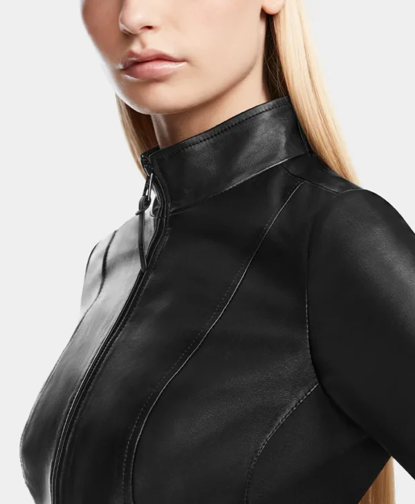 Natasha Womens Cafe Racer Leather Biker Jacket Collar