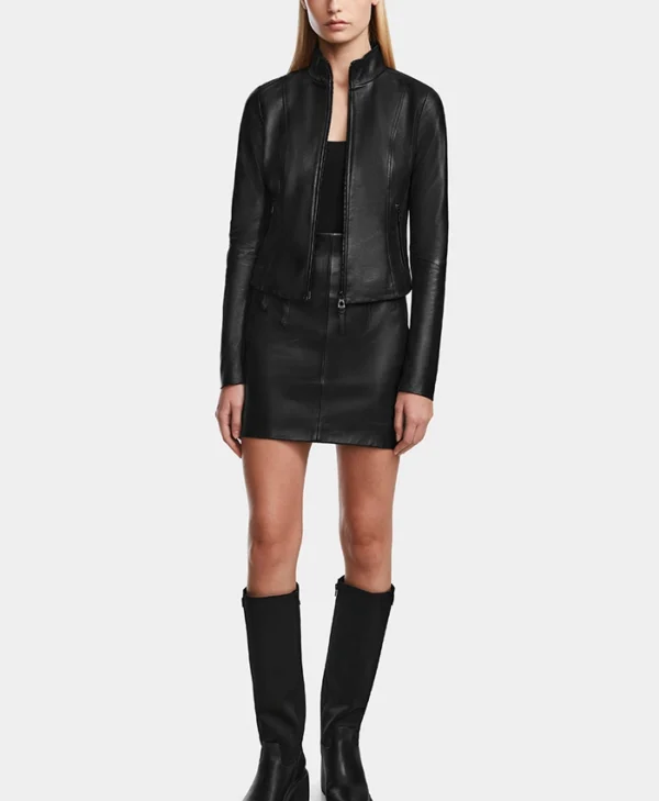 Natasha Womens Cafe Racer Leather Biker Jacket Stand Up
