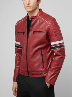 Quilted Stripes Red Leather Jacket Mens Pockets