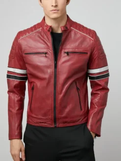 Quilted Stripes Red Leather Jacket Mens Zipper