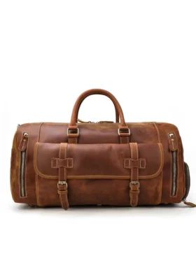 Real Brown Leather Weekender Bag Front