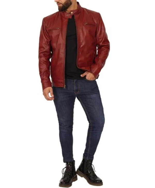 Red Mens Cafe Racer Jacket Stand