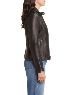 Rennet Black Leather Biker Jacket Womens Side