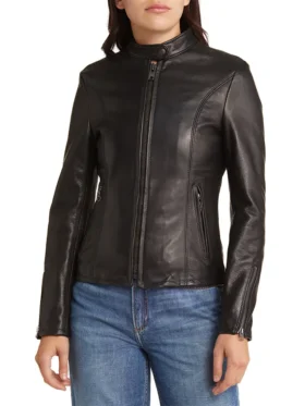 Rennet Black Leather Biker Jacket Womens Zipper