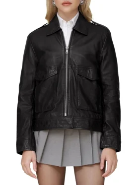 Sarah Black Leather Aviator Jacket Main