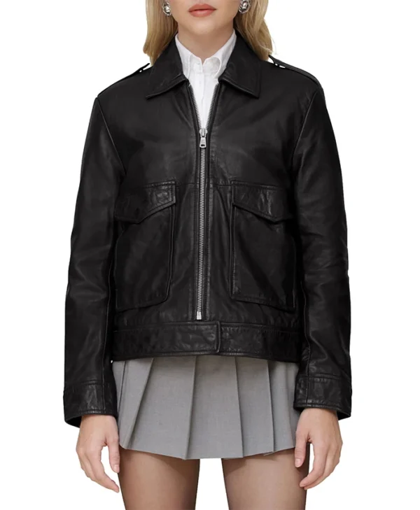 Sarah Black Leather Aviator Jacket Main