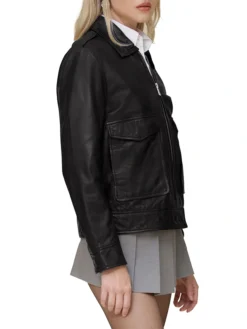 Sarah Black Leather Aviator Jacket Side