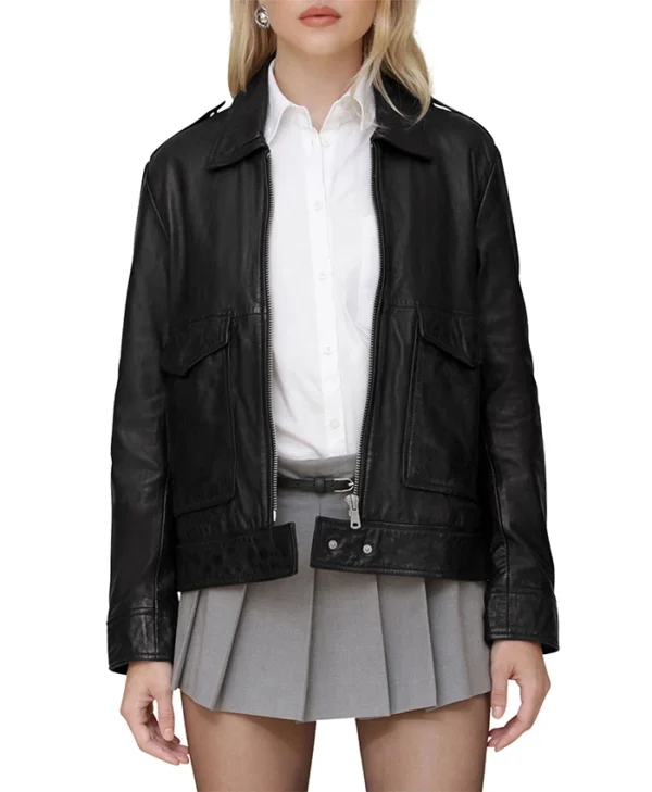 Sarah Black Leather Aviator Jacket Zipper