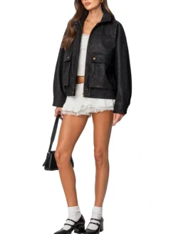 Sasha Black Suede Bomber Jacket Front