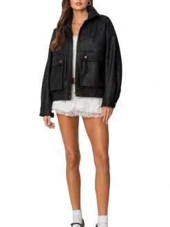 Sasha Black Suede Bomber Jacket Pockets