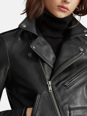 Stacie Black Leather Biker Jacket Womens Collar