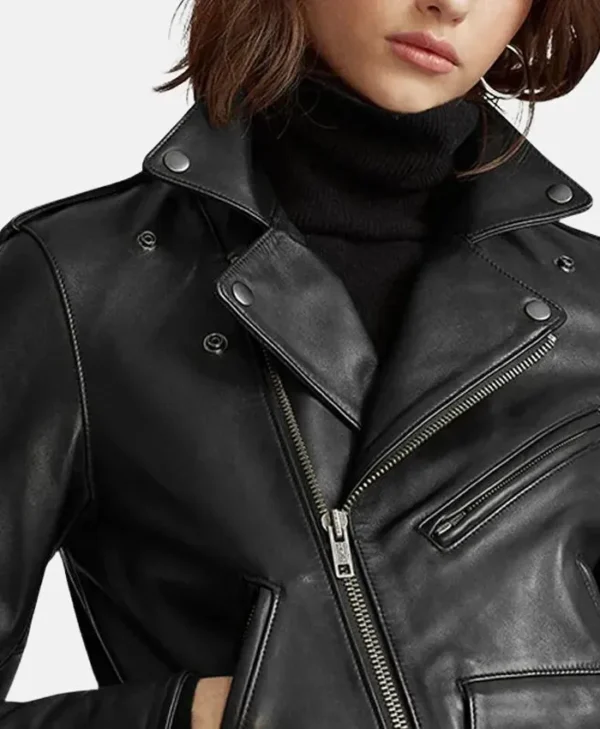 Stacie Black Leather Biker Jacket Womens Collar