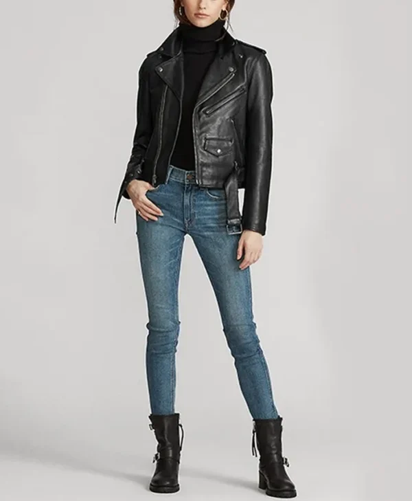 Stacie Black Leather Biker Jacket Womens Stand