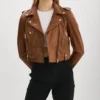 Women Brown Cropped Biker Leather Jacket Main