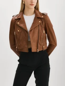 Women Brown Cropped Biker Leather Jacket Main