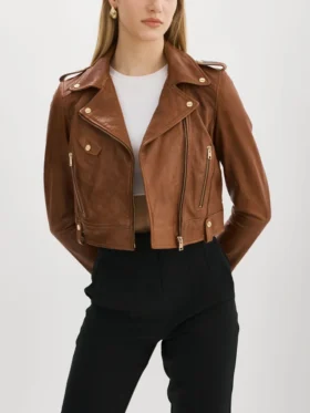 Women Brown Cropped Biker Leather Jacket Main