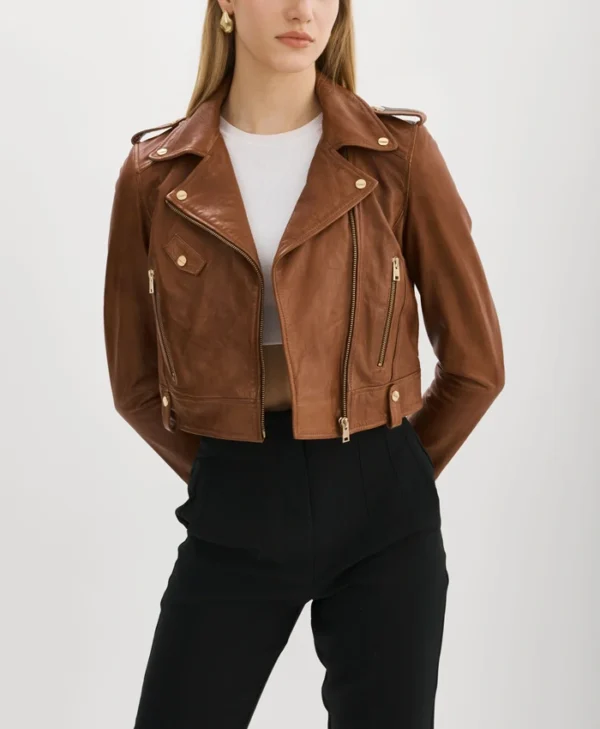 Women Brown Cropped Biker Leather Jacket Main