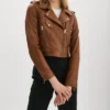 Women Brown Cropped Biker Leather Jacket Style