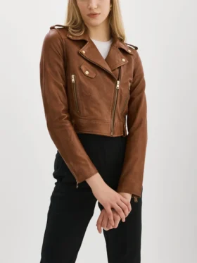 Women Brown Cropped Biker Leather Jacket Style