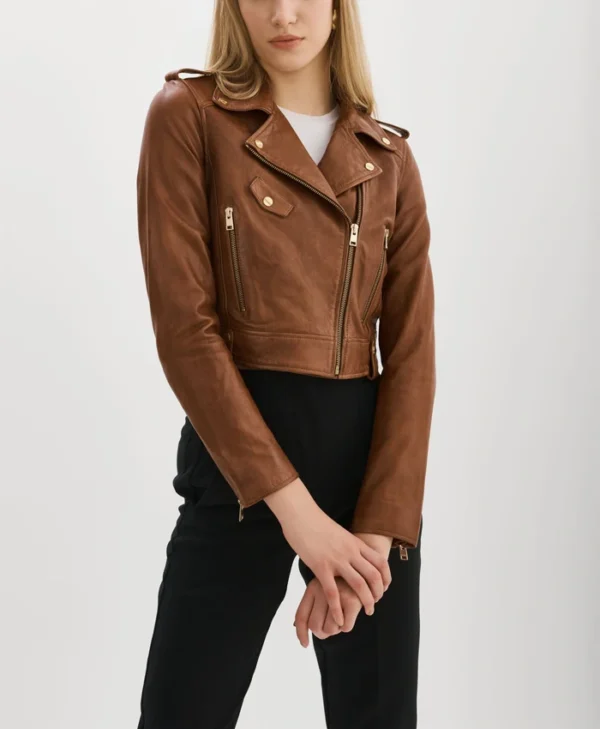 Women Brown Cropped Biker Leather Jacket Style