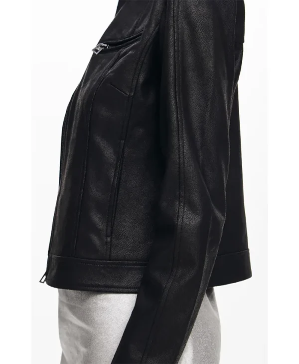 Women Designer Leather Biker Jacket Black Pockets