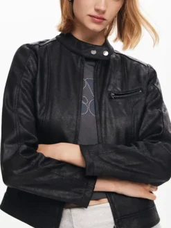 Women Designer Leather Biker Jacket Black Snap