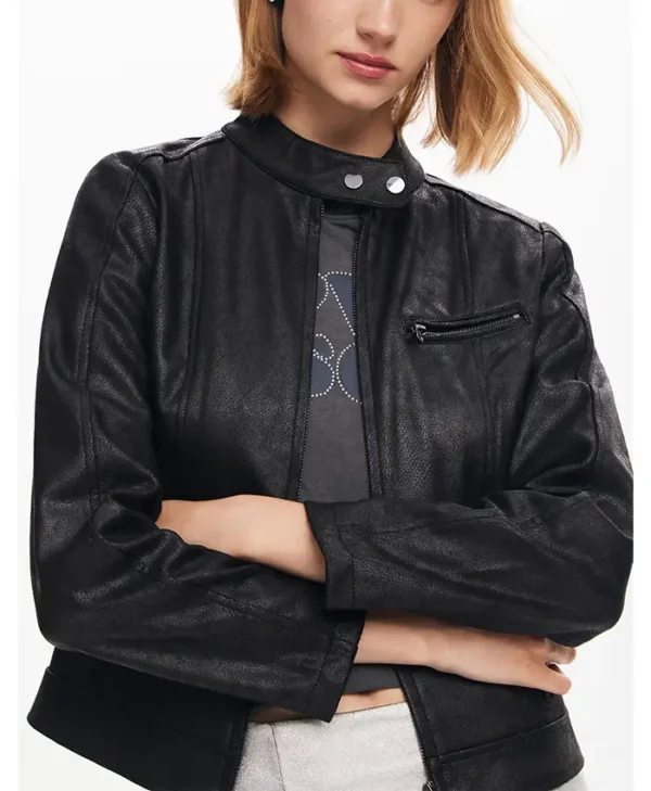 Women Designer Leather Biker Jacket Black Snap