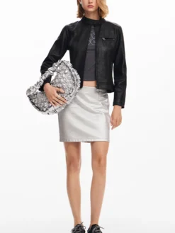 Women Designer Leather Biker Jacket Black Stand Up