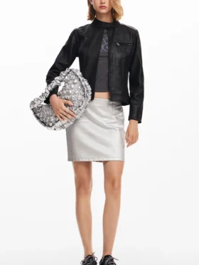 Women Designer Leather Biker Jacket Black Stand Up