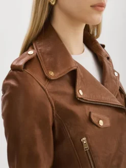 Women Waxed Leather Jacket Brown Collar