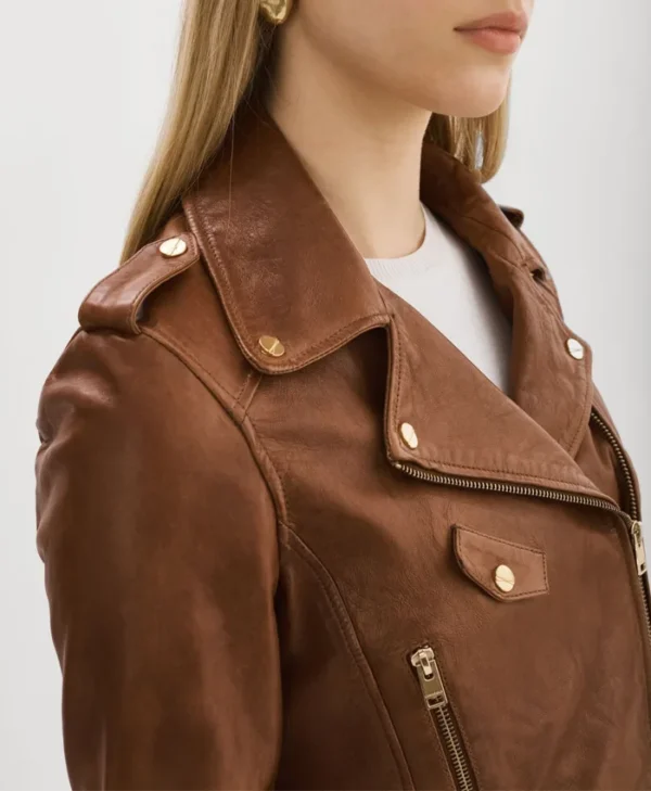 Women Waxed Leather Jacket Brown Collar