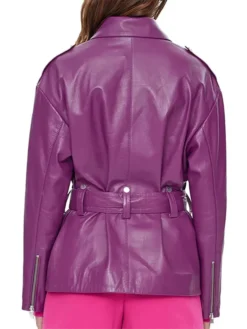 Womens Asymmetrical Peplum Purple Leather Jacket Back