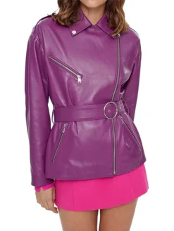Womens Asymmetrical Peplum Purple Leather Jacket Belted