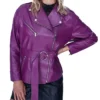 Womens Asymmetrical Peplum Purple Leather Jacket Main