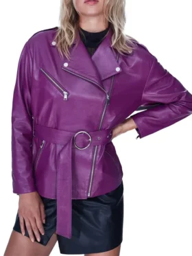 Womens Asymmetrical Peplum Purple Leather Jacket Main